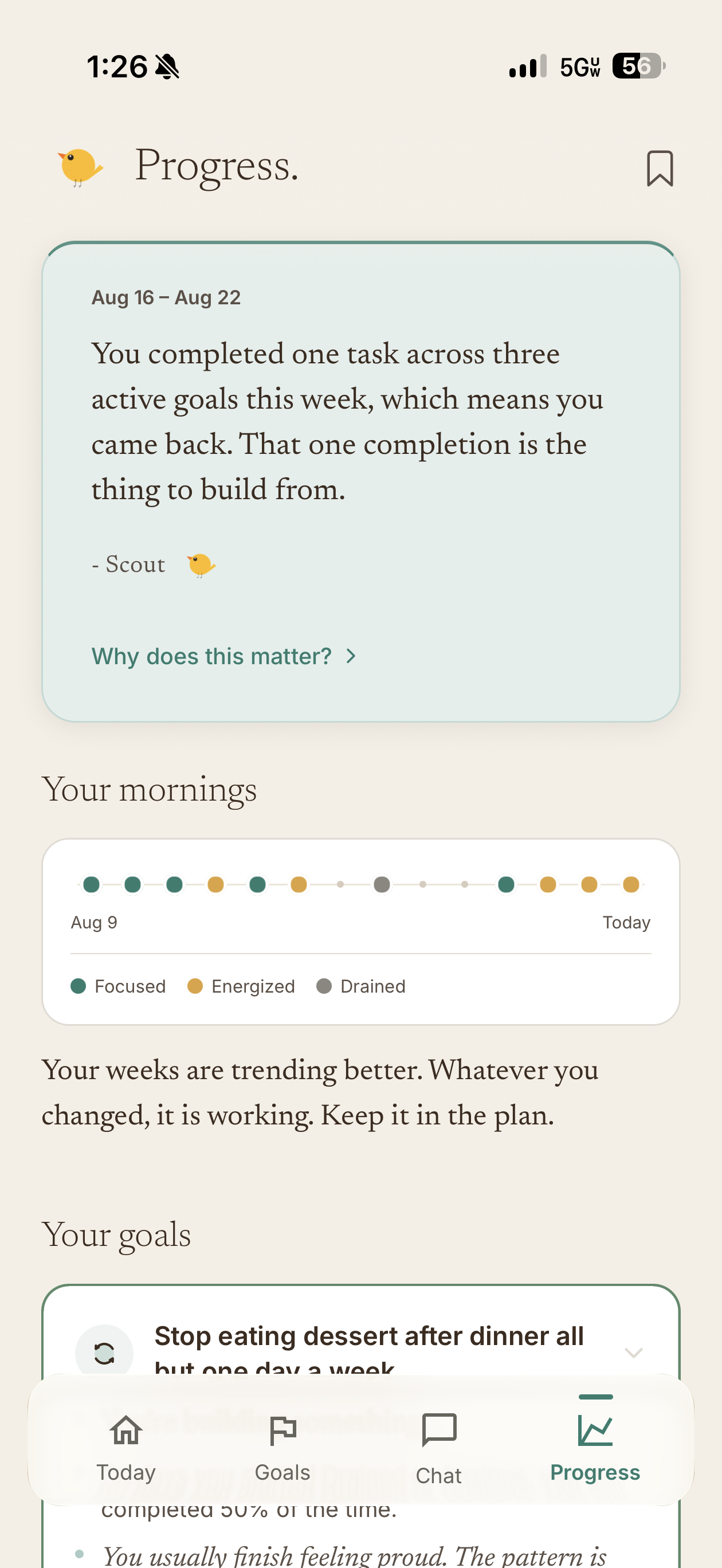 Weekly progress summary with mood chart
