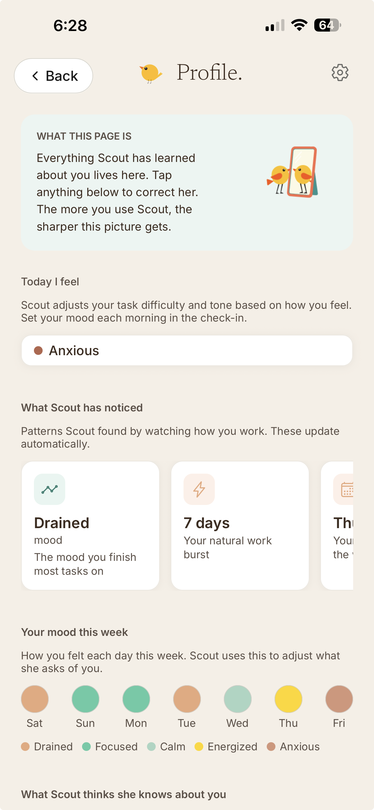 Scout Profile screen showing behavioral insights